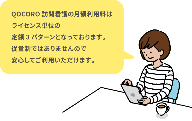 QOCORO訪問看護の月額利用料はライセンス単位の定額3パターンとなっております。従量制ではありませんので安心してご利用いただけます。